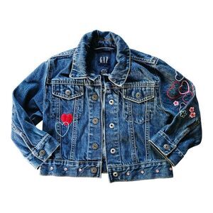 GAP Kids Jean Jacket Girls Size XXS 3 Embroidered Hearts Love Rhinestones